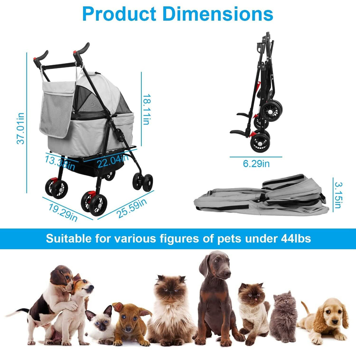 4 Wheels Pet Stroller Foldable with Removable Liner Storage Basket - A-1 Thread Vault
