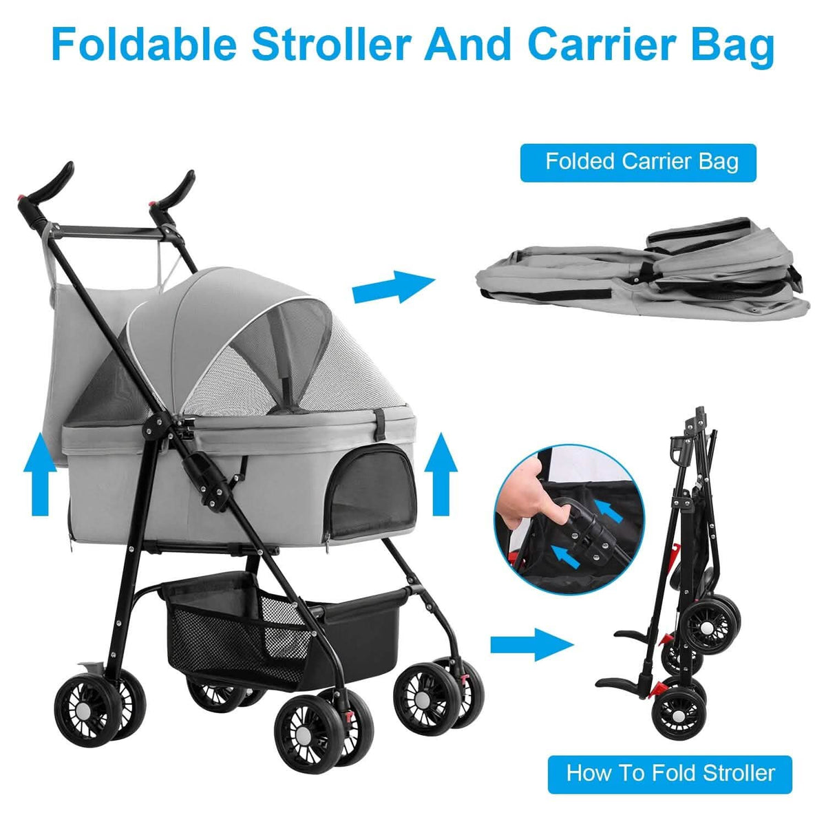 4 Wheels Pet Stroller Foldable with Removable Liner Storage Basket - A-1 Thread Vault