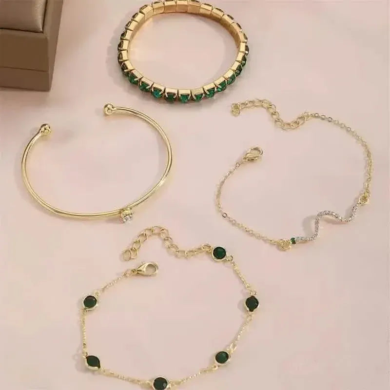 4pcs Green Emerald Rhinestone Snake Bracelet Set for Women - A-1 Thread Vault