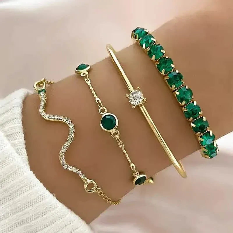 4pcs Green Emerald Rhinestone Snake Bracelet Set for Women - A-1 Thread Vault