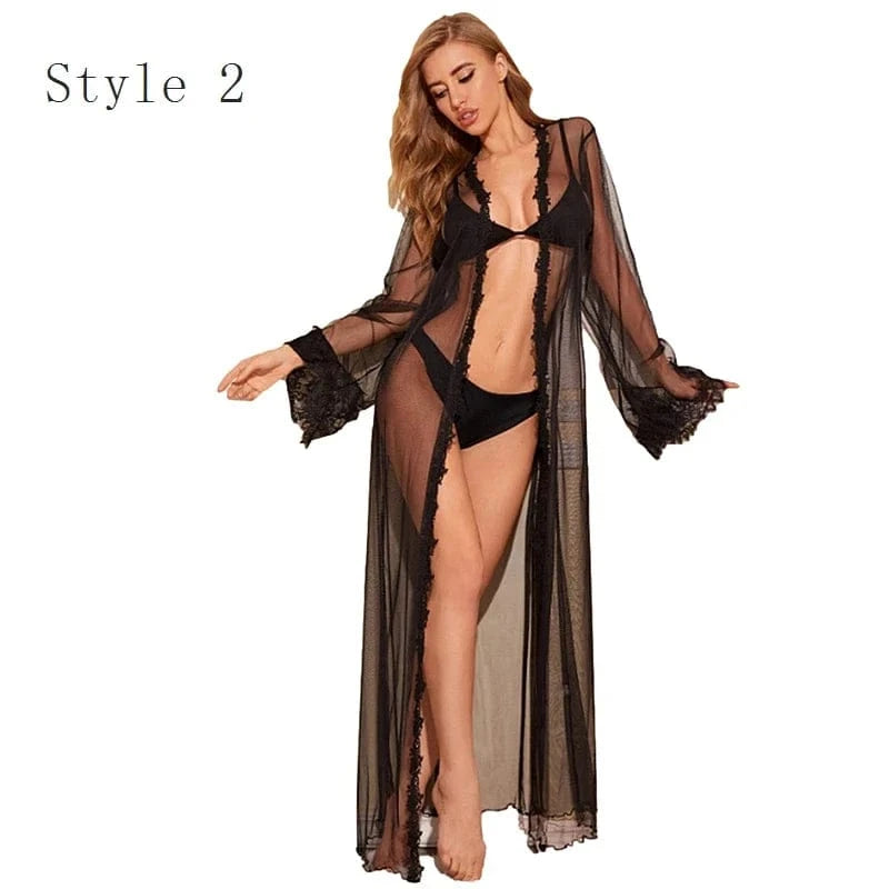 5 Color Women Sexy Lace Wedding Bride Robes Bridesmaid Gowns Sheer Kimono Bathrobe Femme Long Sleeve Nightgowns Nightdress - A-1 Thread Vault