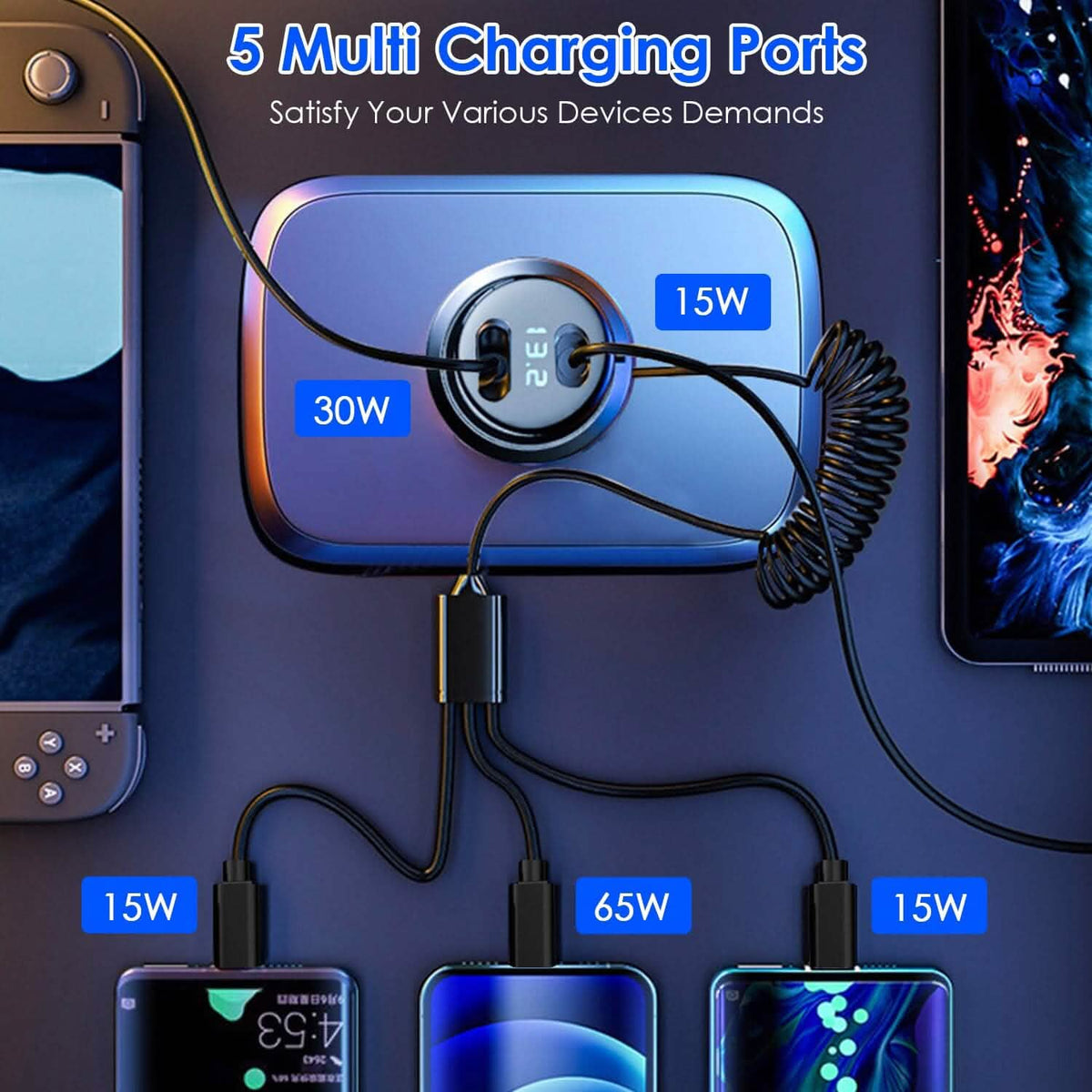 5-in-1 Fast Charge Car Charger QC PD USB Type C LT 5 Port with 4ft Coiled Cable - A-1 Thread Vault
