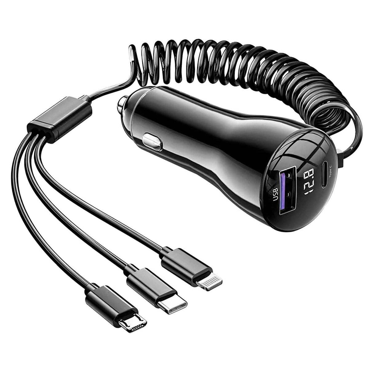 5-in-1 Fast Charge Car Charger QC PD USB Type C LT 5 Port with 4ft Coiled Cable - A-1 Thread Vault