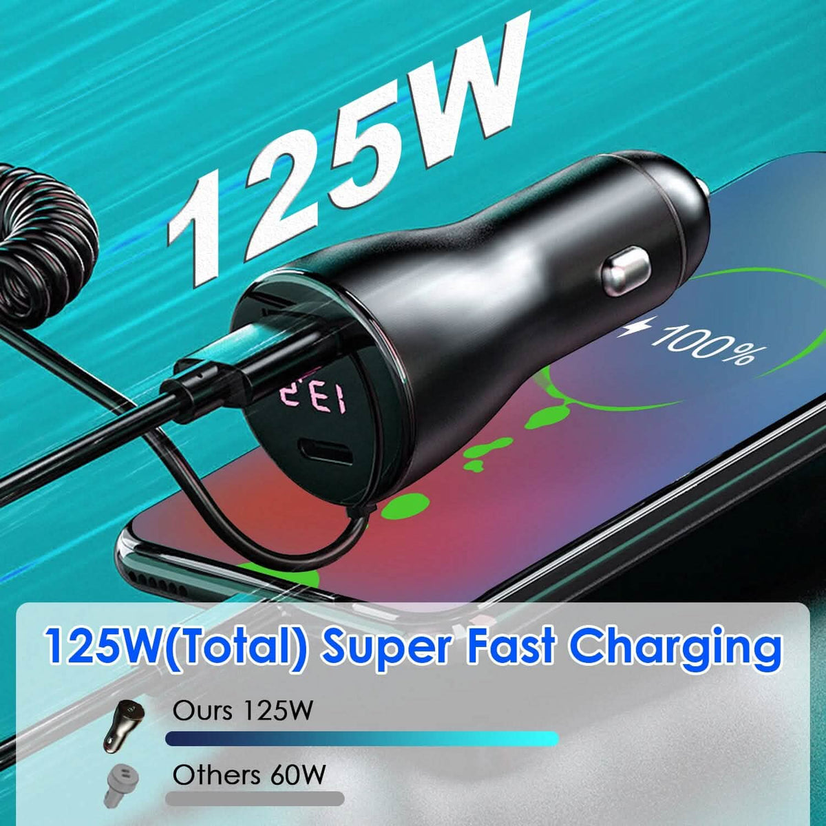 5-in-1 Fast Charge Car Charger QC PD USB Type C LT 5 Port with 4ft Coiled Cable - A-1 Thread Vault