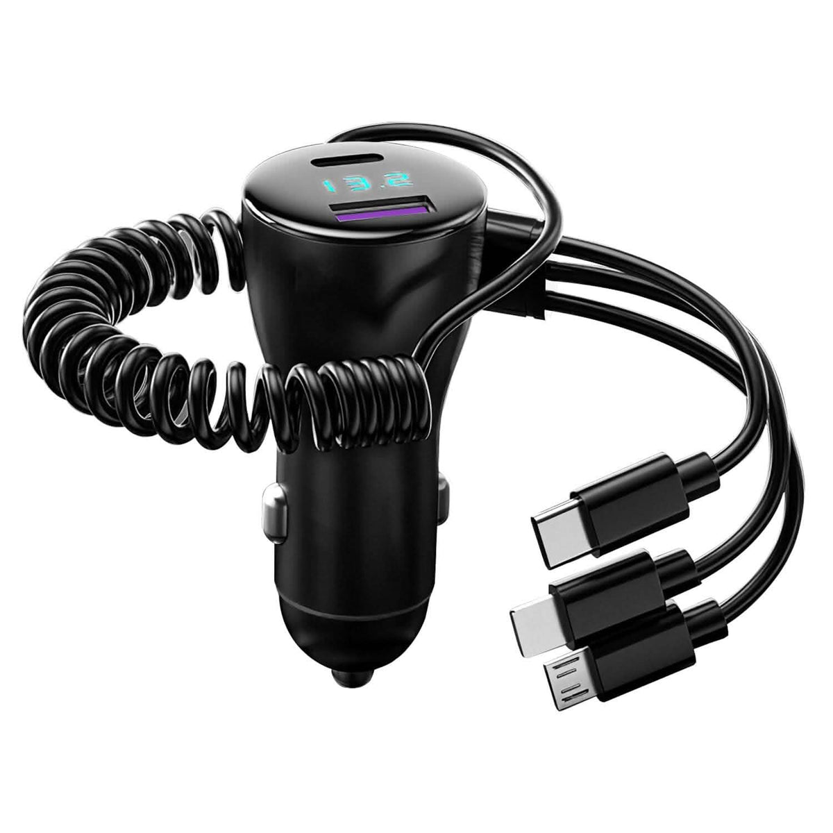 5-in-1 Fast Charge Car Charger QC PD USB Type C LT 5 Port with 4ft Coiled Cable - A-1 Thread Vault