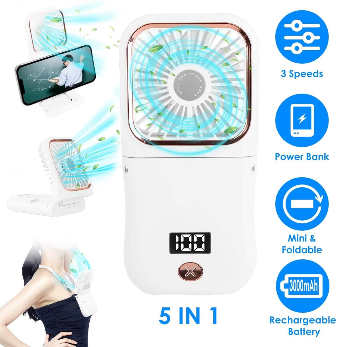 5-in-1 Folding Rechargeable Hands Free Mini Fan - A-1 Thread Vault