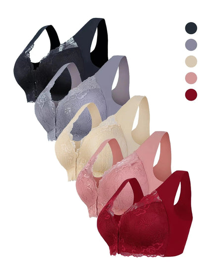 A stack of five lace-trimmed front-closure bras in black, light purple, beige, pink, and burgundy, arranged diagonally against a white background.