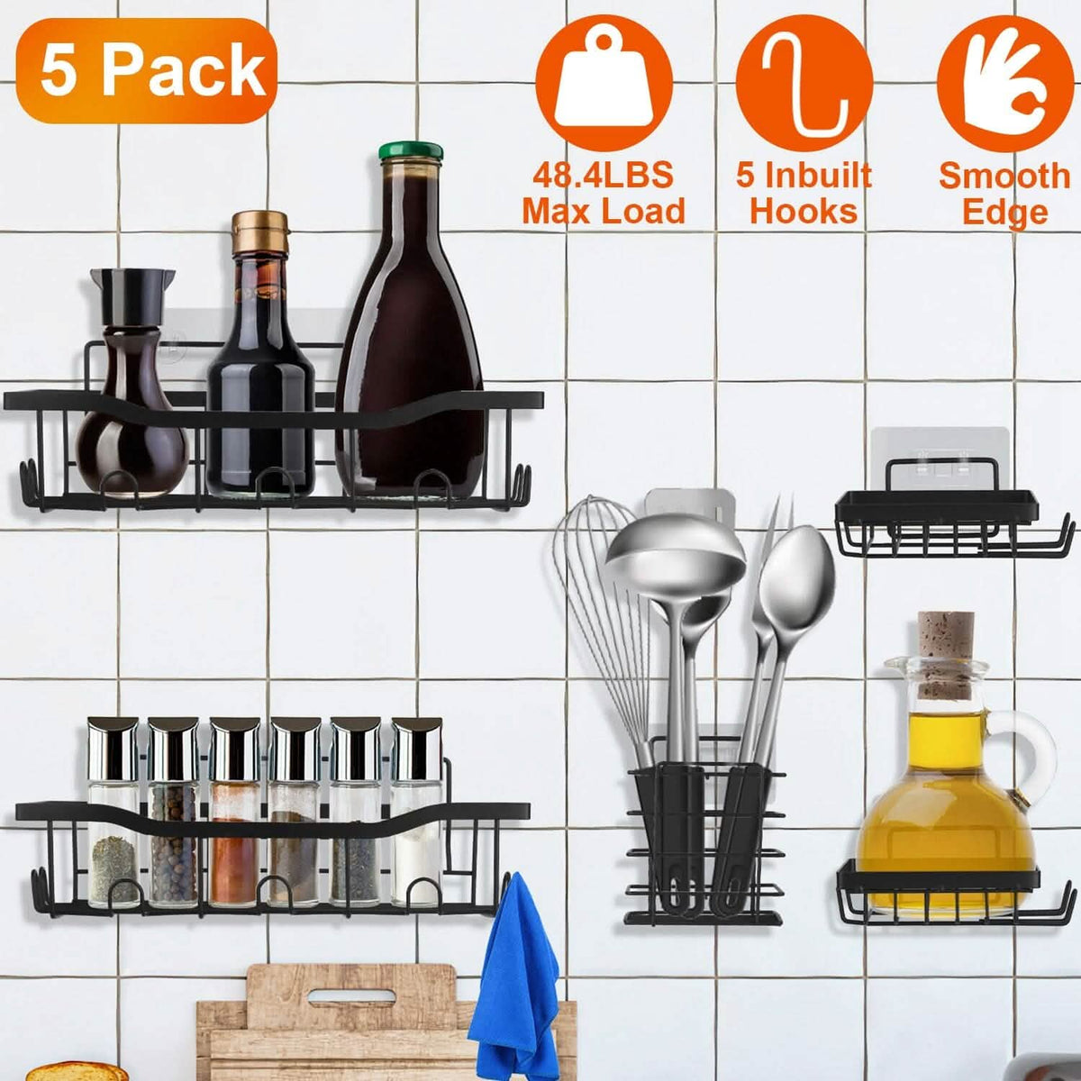 5-Pack: Shower Caddy Shelves with 18 Inbuilt Hooks - A-1 Thread Vault