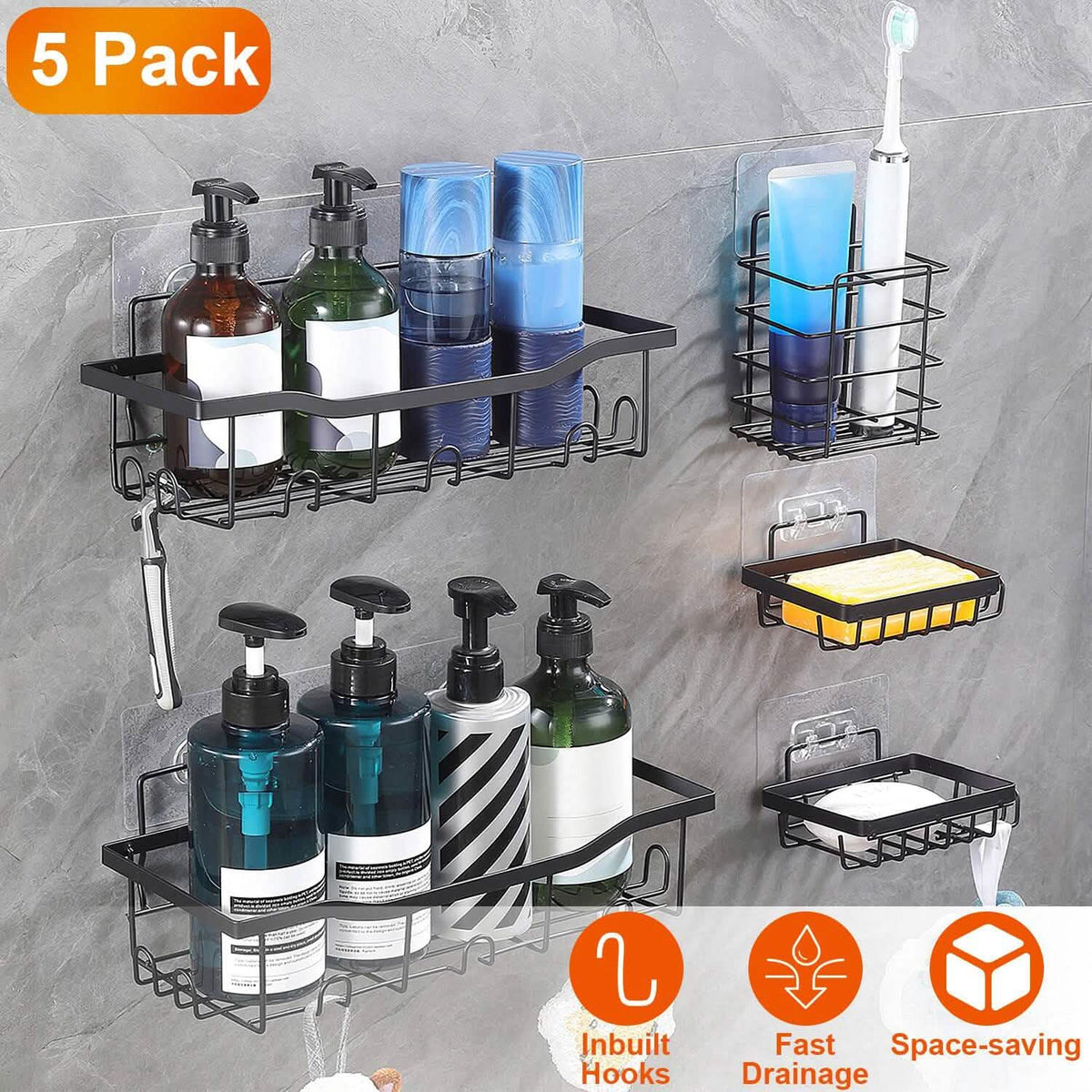 5-Pack: Shower Caddy Shelves with 18 Inbuilt Hooks - A-1 Thread Vault
