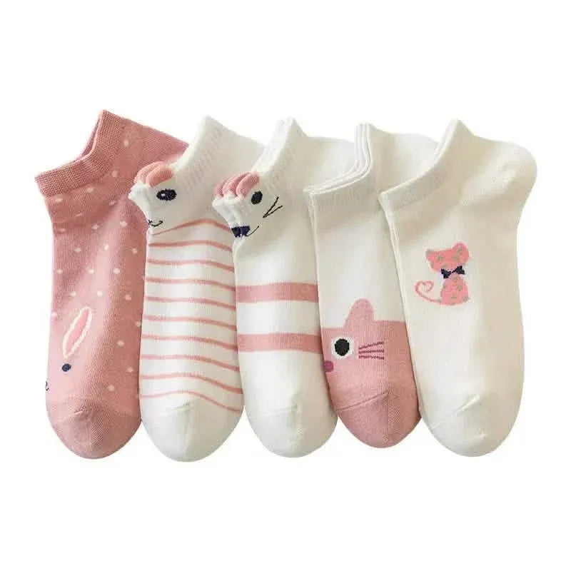5-Pairs: Pink Kitty Crew Socks - A-1 Thread Vault