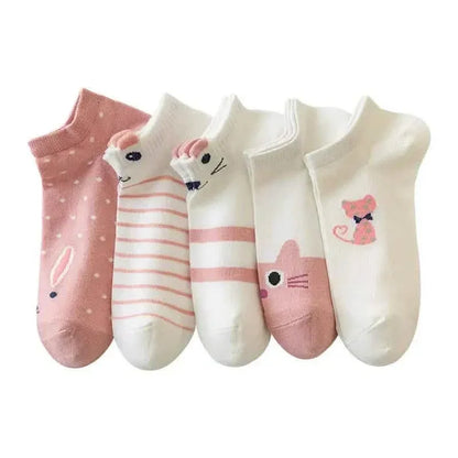 5-Pairs: Pink Kitty Crew Socks - A-1 Thread Vault