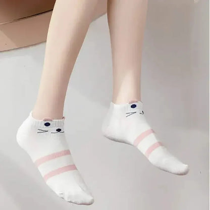 5-Pairs: Pink Kitty Crew Socks - A-1 Thread Vault