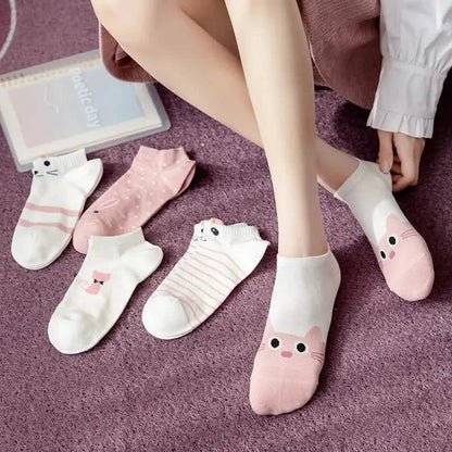 5-Pairs: Pink Kitty Crew Socks - A-1 Thread Vault