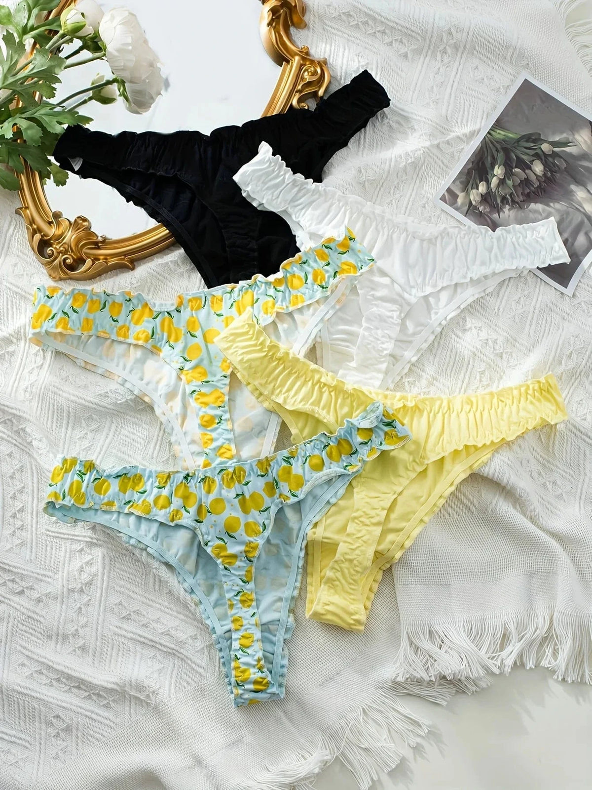5-piece mixed fruit pattern pure cotton ruffled women's thong, wrinkled comfortable women's underwear - A-1 Thread Vault