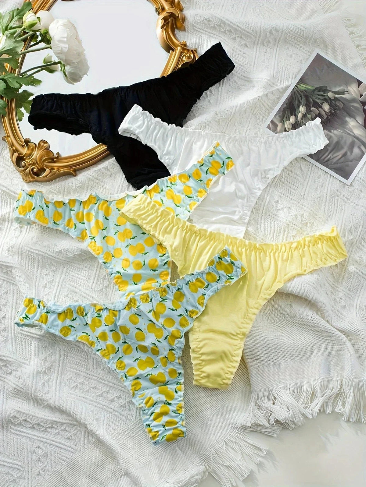5-piece mixed fruit pattern pure cotton ruffled women's thong, wrinkled comfortable women's underwear - A-1 Thread Vault