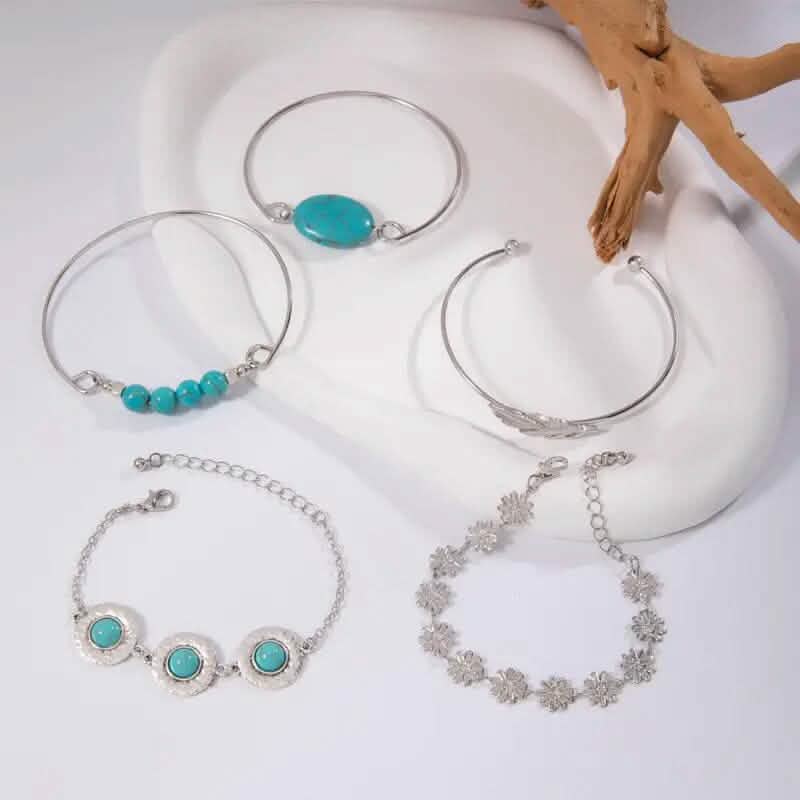 5-Piece Set: Retro Turquoise Inlaid Bracelet - A-1 Thread Vault