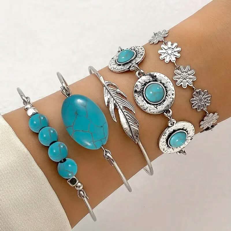 5-Piece Set: Retro Turquoise Inlaid Bracelet - A-1 Thread Vault