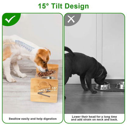 5°Tilt Bamboo Double Elevated Dog Bowls with 4 Adjustable Heights - A-1 Thread Vault