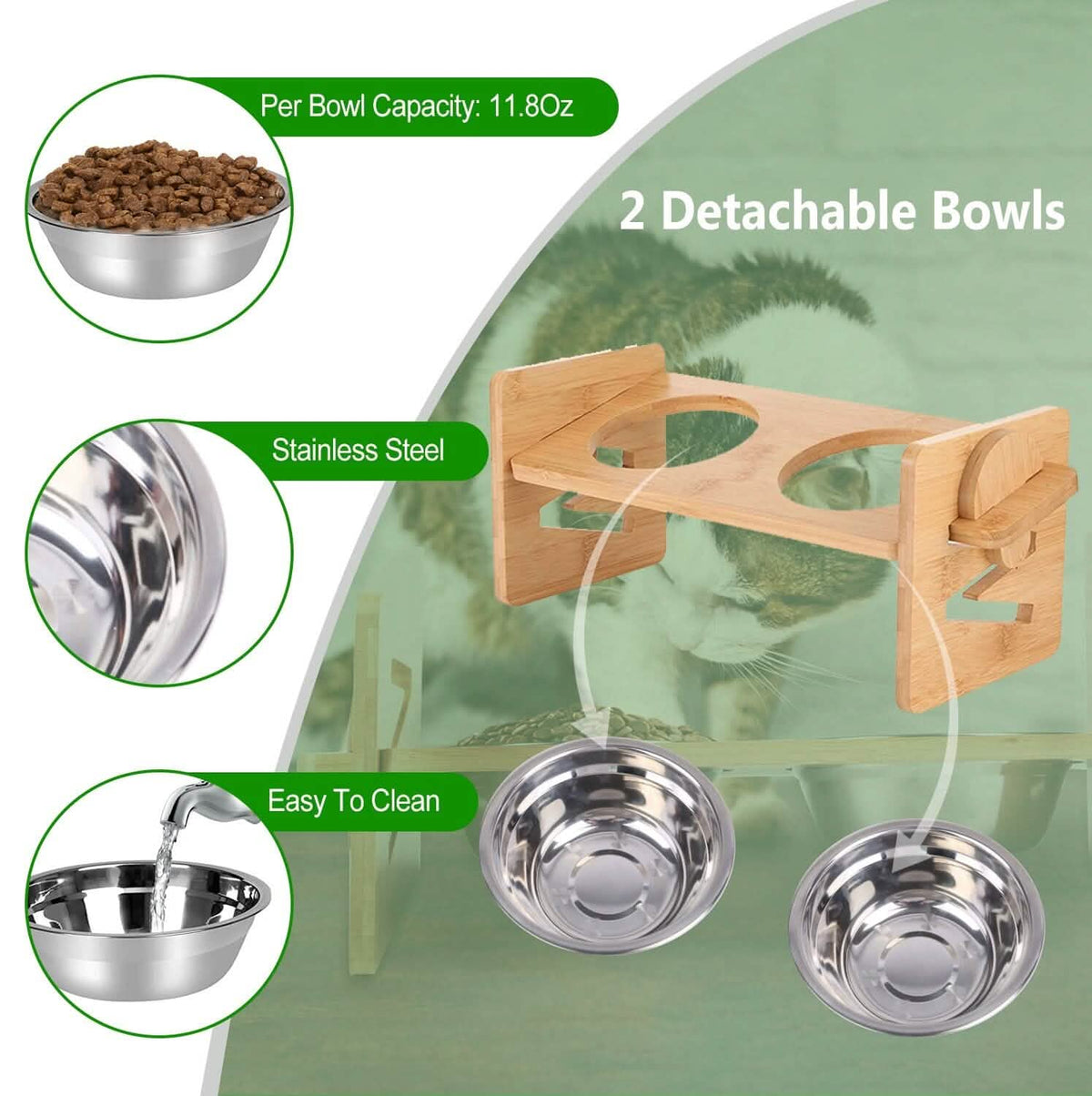5°Tilt Bamboo Double Elevated Dog Bowls with 4 Adjustable Heights - A-1 Thread Vault