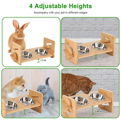 5°Tilt Bamboo Double Elevated Dog Bowls with 4 Adjustable Heights - A-1 Thread Vault
