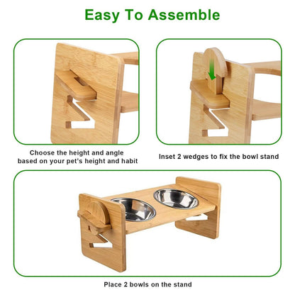 5°Tilt Bamboo Double Elevated Dog Bowls with 4 Adjustable Heights - A-1 Thread Vault