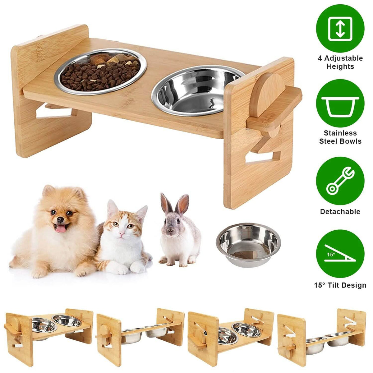 5°Tilt Bamboo Double Elevated Dog Bowls with 4 Adjustable Heights - A-1 Thread Vault