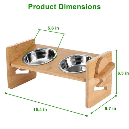 5°Tilt Bamboo Double Elevated Dog Bowls with 4 Adjustable Heights - A-1 Thread Vault