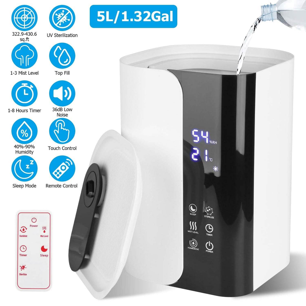5L Gal Humidifier Top Fill Cool Mist with Essential Oils Diffuser Filter - A-1 Thread Vault