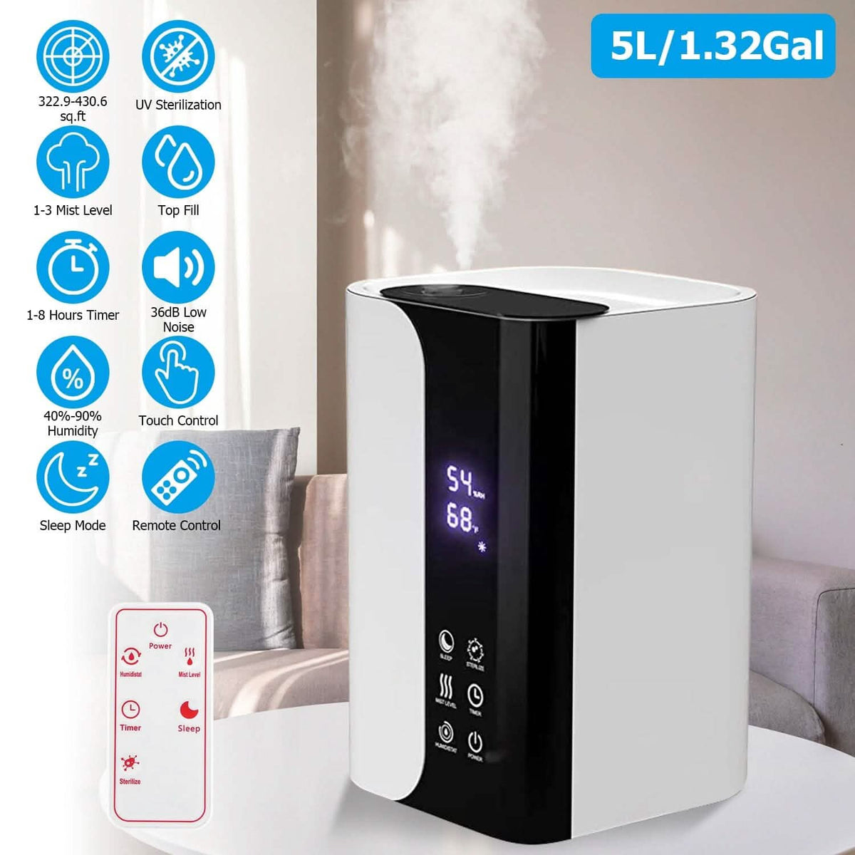 5L Gal Humidifier Top Fill Cool Mist with Essential Oils Diffuser Filter - A-1 Thread Vault