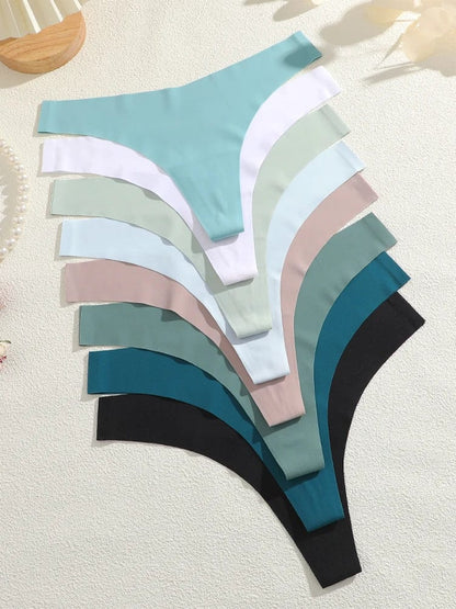 5Pcs Ice Silk Seamless Thongs Women's V-Waist Solid Color Panties Sexy Breathable Low Rise Underwear Invisible Bikini Lingerie - A-1 Thread Vault