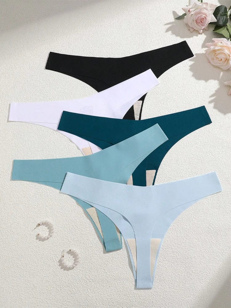 5Pcs Ice Silk Seamless Thongs Women's V-Waist Solid Color Panties Sexy Breathable Low Rise Underwear Invisible Bikini Lingerie - A-1 Thread Vault