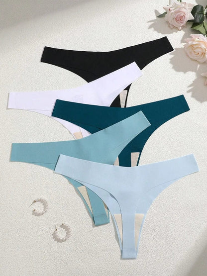 5Pcs Ice Silk Seamless Thongs Women's V-Waist Solid Color Panties Sexy Breathable Low Rise Underwear Invisible Bikini Lingerie - A-1 Thread Vault