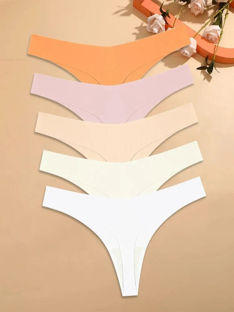 5Pcs Ice Silk Seamless Thongs Women's V-Waist Solid Color Panties Sexy Breathable Low Rise Underwear Invisible Bikini Lingerie - A-1 Thread Vault