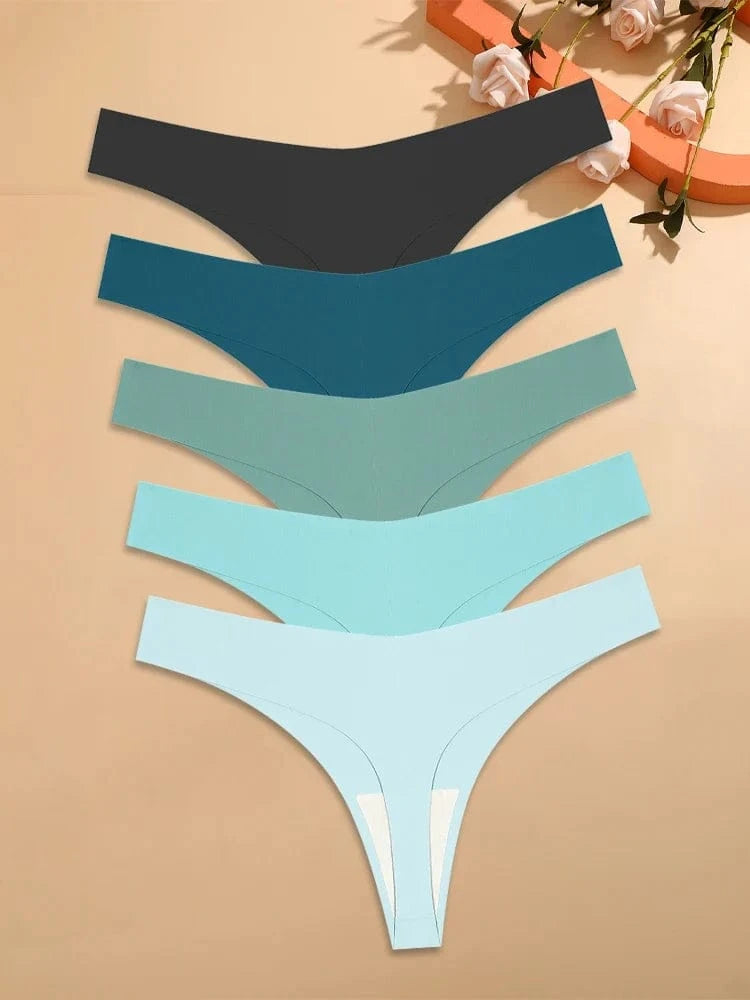 5Pcs Ice Silk Seamless Thongs Women's V-Waist Solid Color Panties Sexy Breathable Low Rise Underwear Invisible Bikini Lingerie - A-1 Thread Vault