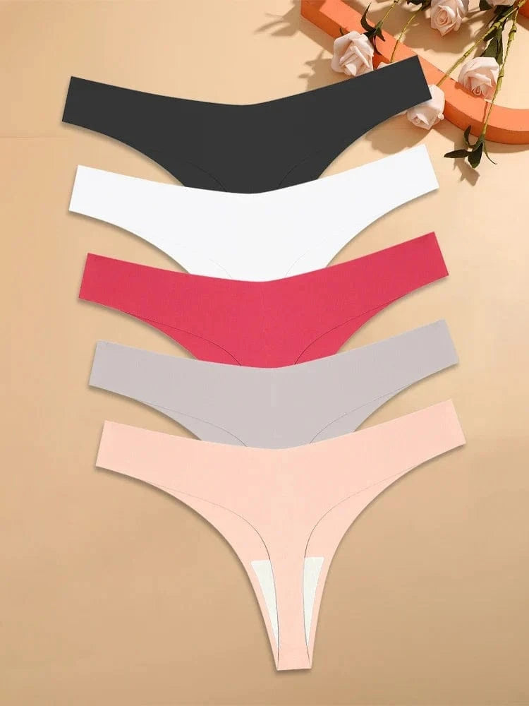 5Pcs Ice Silk Seamless Thongs Women's V-Waist Solid Color Panties Sexy Breathable Low Rise Underwear Invisible Bikini Lingerie - A-1 Thread Vault
