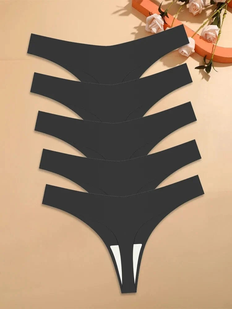 5Pcs Ice Silk Seamless Thongs Women's V-Waist Solid Color Panties Sexy Breathable Low Rise Underwear Invisible Bikini Lingerie - A-1 Thread Vault