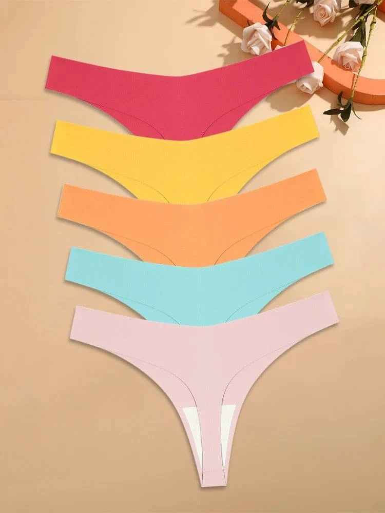 5Pcs Ice Silk Seamless Thongs Women's V-Waist Solid Color Panties Sexy Breathable Low Rise Underwear Invisible Bikini Lingerie - A-1 Thread Vault