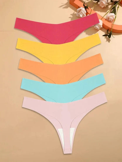 5Pcs Ice Silk Seamless Thongs Women's V-Waist Solid Color Panties Sexy Breathable Low Rise Underwear Invisible Bikini Lingerie - A-1 Thread Vault