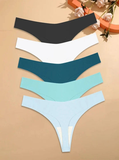 5Pcs Ice Silk Seamless Thongs Women's V-Waist Solid Color Panties Sexy Breathable Low Rise Underwear Invisible Bikini Lingerie - A-1 Thread Vault