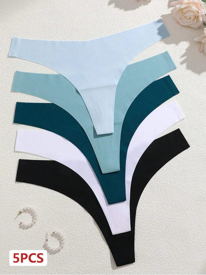 5Pcs Ice Silk Seamless Thongs Women's V-Waist Solid Color Panties Sexy Breathable Low Rise Underwear Invisible Bikini Lingerie - A-1 Thread Vault