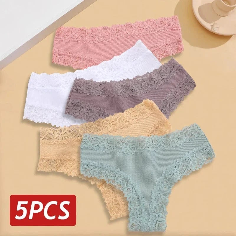 5PCS/Set Women Lace Seamless Cotton Panties Sexy Brazilian Pants Ribbed Breathable Girls Underwear Soft Plus Size Lingerie S-XL - A-1 Thread Vault