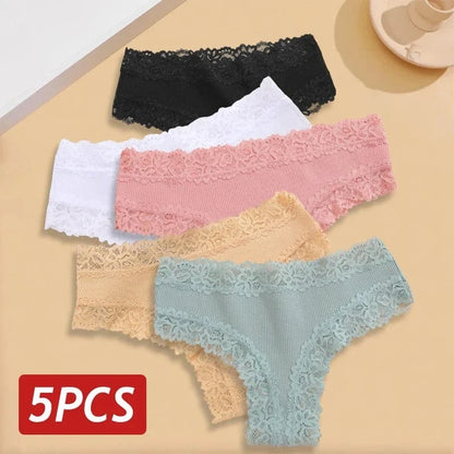 5PCS/Set Women Lace Seamless Cotton Panties Sexy Brazilian Pants Ribbed Breathable Girls Underwear Soft Plus Size Lingerie S-XL - A-1 Thread Vault