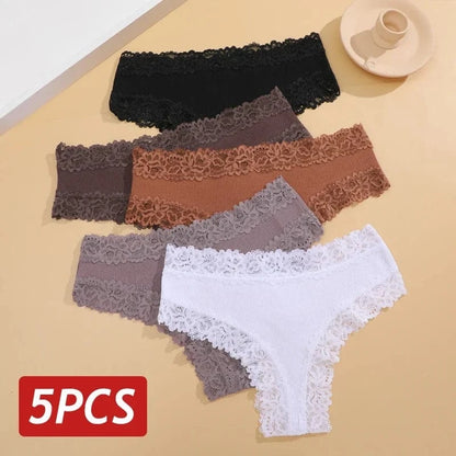 5PCS/Set Women Lace Seamless Cotton Panties Sexy Brazilian Pants Ribbed Breathable Girls Underwear Soft Plus Size Lingerie S-XL - A-1 Thread Vault