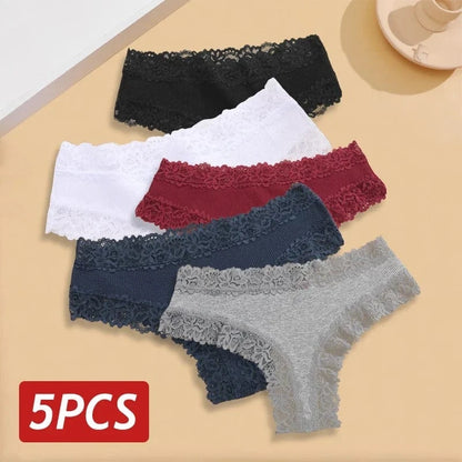 5PCS/Set Women Lace Seamless Cotton Panties Sexy Brazilian Pants Ribbed Breathable Girls Underwear Soft Plus Size Lingerie S-XL - A-1 Thread Vault