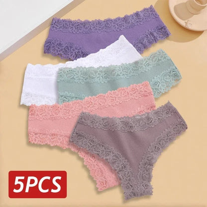 5PCS/Set Women Lace Seamless Cotton Panties Sexy Brazilian Pants Ribbed Breathable Girls Underwear Soft Plus Size Lingerie S-XL - A-1 Thread Vault