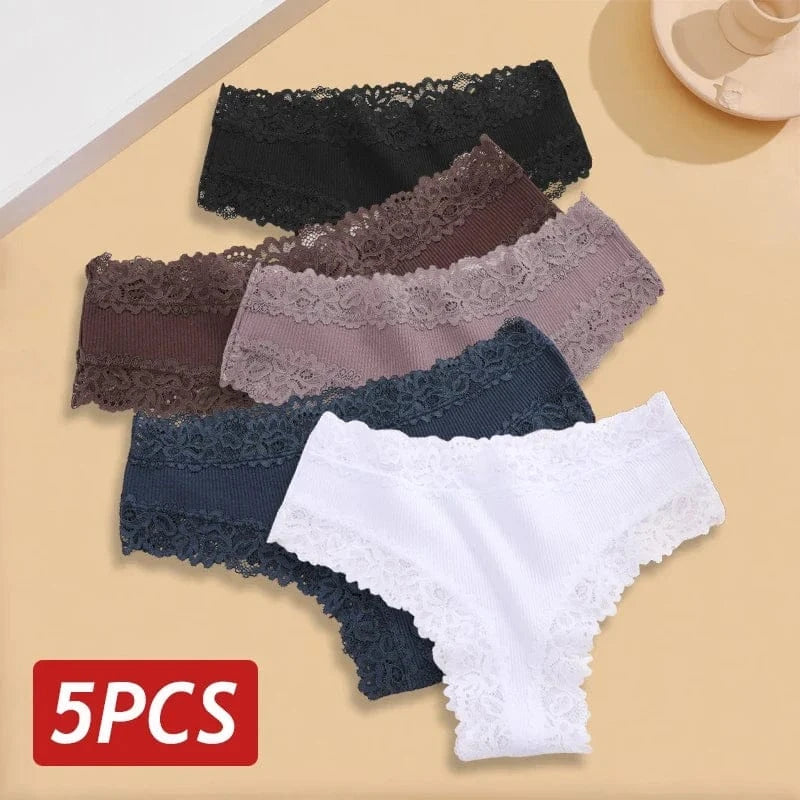 5PCS/Set Women Lace Seamless Cotton Panties Sexy Brazilian Pants Ribbed Breathable Girls Underwear Soft Plus Size Lingerie S-XL - A-1 Thread Vault