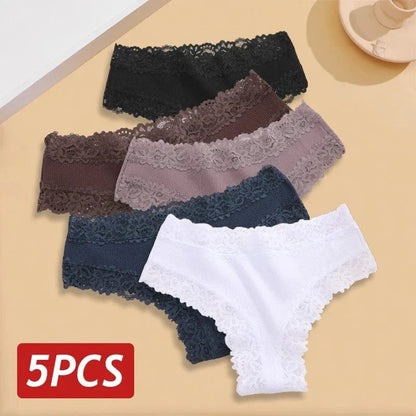 5PCS/Set Women Lace Seamless Cotton Panties Sexy Brazilian Pants Ribbed Breathable Girls Underwear Soft Plus Size Lingerie S-XL - A-1 Thread Vault