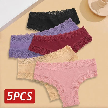 5PCS/Set Women Lace Seamless Cotton Panties Sexy Brazilian Pants Ribbed Breathable Girls Underwear Soft Plus Size Lingerie S-XL - A-1 Thread Vault