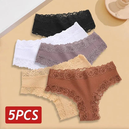 5PCS/Set Women Lace Seamless Cotton Panties Sexy Brazilian Pants Ribbed Breathable Girls Underwear Soft Plus Size Lingerie S-XL - A-1 Thread Vault