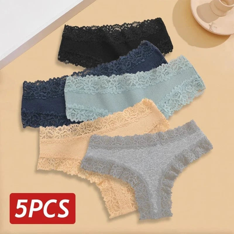 5PCS/Set Women Lace Seamless Cotton Panties Sexy Brazilian Pants Ribbed Breathable Girls Underwear Soft Plus Size Lingerie S-XL - A-1 Thread Vault
